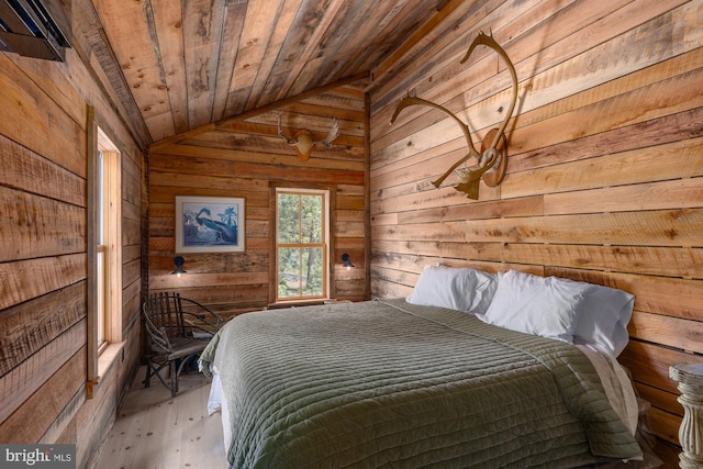 unfurnished bedroom featuring wooden ceiling, wood walls, lofted ceiling, and wood-type flooring