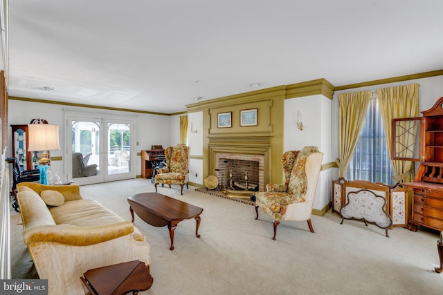 carpeted living room featuring french doors and crown molding