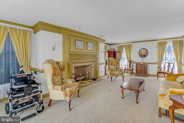 carpeted living room with crown molding and a brick fireplace