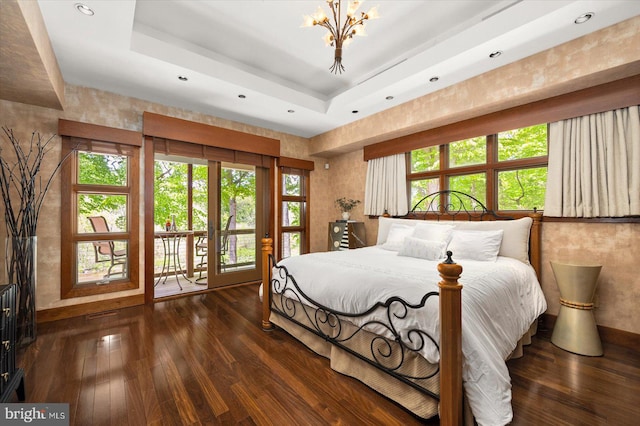 bedroom with a raised ceiling, dark wood-type flooring, access to outside, and multiple windows