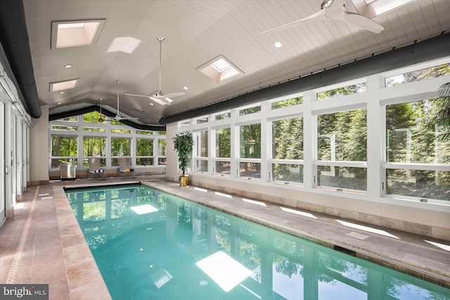 view of pool featuring a skylight and ceiling fan