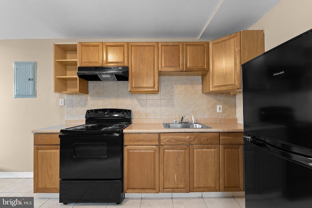 kitchen with sink, tasteful backsplash, electric panel, light tile patterned floors, and black appliances