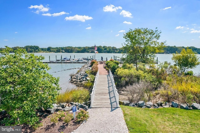 view of dock with a water view