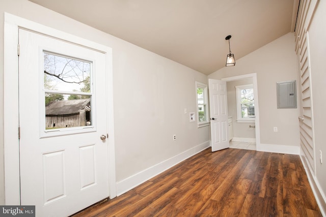 interior space featuring wood-type flooring, plenty of natural light, and vaulted ceiling