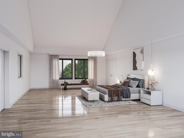 bedroom featuring high vaulted ceiling, a chandelier, and light hardwood / wood-style floors