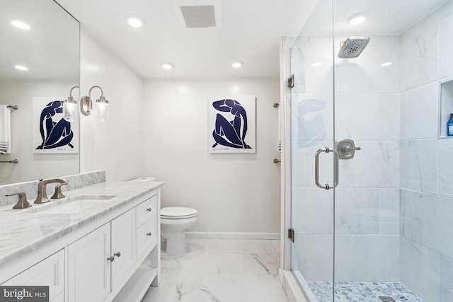 bathroom featuring vanity, visible vents, a stall shower, toilet, and marble finish floor