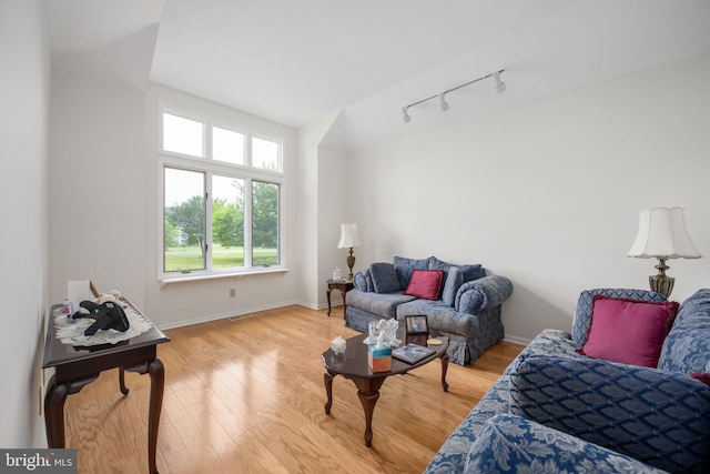 living room featuring light hardwood / wood-style flooring and track lighting