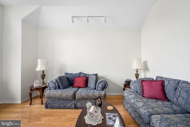 living room featuring hardwood / wood-style flooring and track lighting