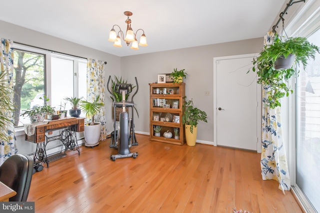 409 Hilltop Rd, Strasburg, PA 17579 - exercise room featuring a chandelier and light wood-type flooring
