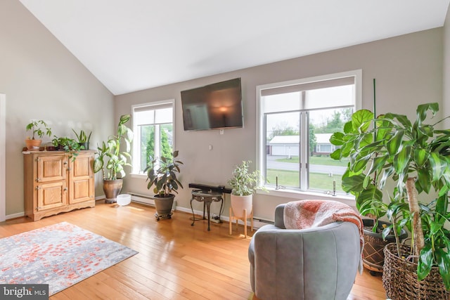 409 Hilltop Rd, Strasburg, PA 17579 - living area with light hardwood / wood-style flooring, high vaulted ceiling, and baseboard heating