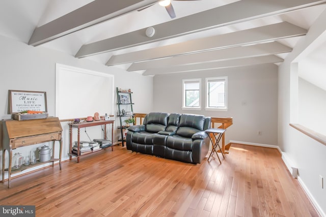 409 Hilltop Rd, Strasburg, PA 17579 - living room with lofted ceiling with beams, light hardwood / wood-style flooring, and ceiling fan