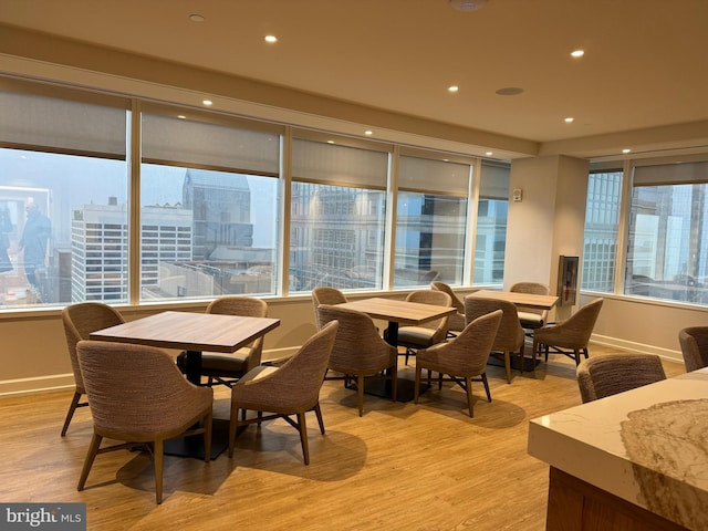 dining area with a healthy amount of sunlight and light hardwood / wood-style floors