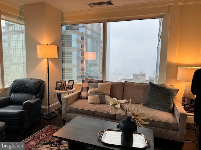 living room featuring a healthy amount of sunlight and crown molding