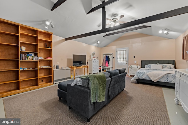 bedroom with lofted ceiling with beams and ceiling fan