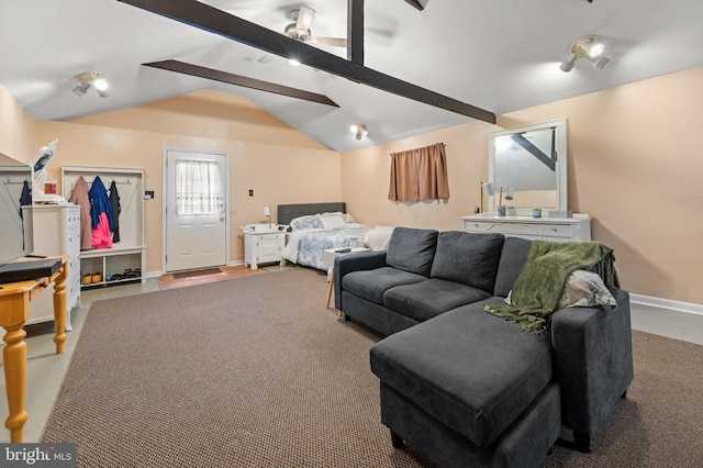 bedroom featuring ceiling fan, carpet floors, and lofted ceiling with beams