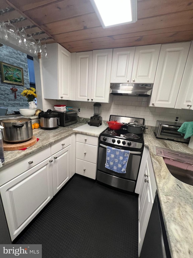 kitchen with backsplash, wood ceiling, appliances with stainless steel finishes, and white cabinets