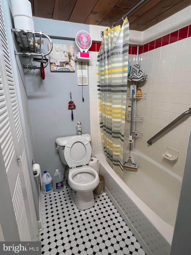 bathroom with wood ceiling, toilet, tile flooring, and shower / tub combo with curtain