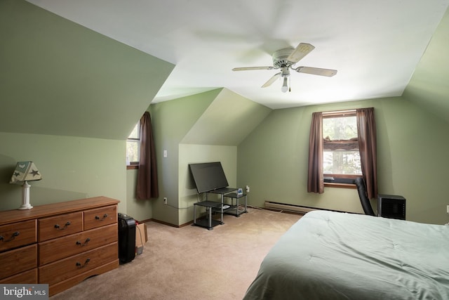 bedroom featuring light colored carpet, ceiling fan, and lofted ceiling