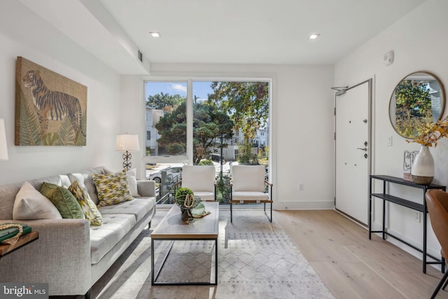 living room with light hardwood / wood-style flooring