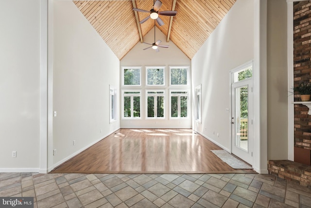 unfurnished living room featuring wood ceiling, high vaulted ceiling, ceiling fan, and hardwood / wood-style flooring