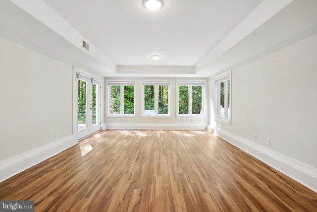 empty room with wood-type flooring and a tray ceiling