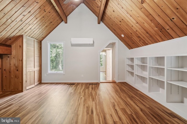 additional living space with beam ceiling, an AC wall unit, wood ceiling, and light hardwood / wood-style floors