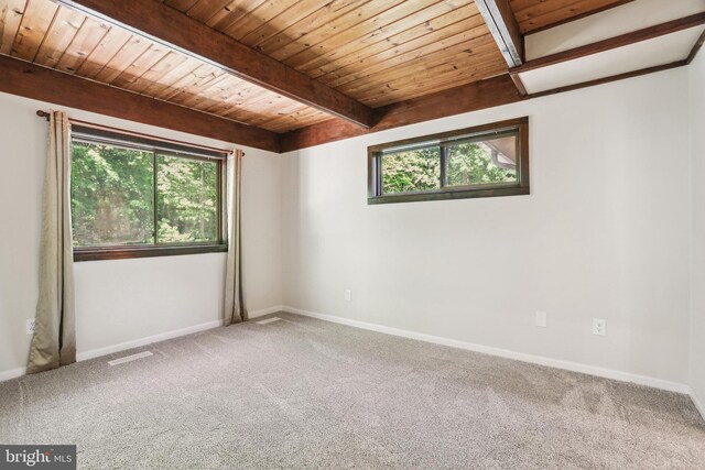 empty room featuring beamed ceiling, wood ceiling, and carpet floors