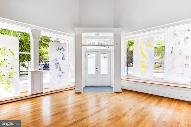 doorway to outside featuring a healthy amount of sunlight, light hardwood / wood-style flooring, and a high ceiling