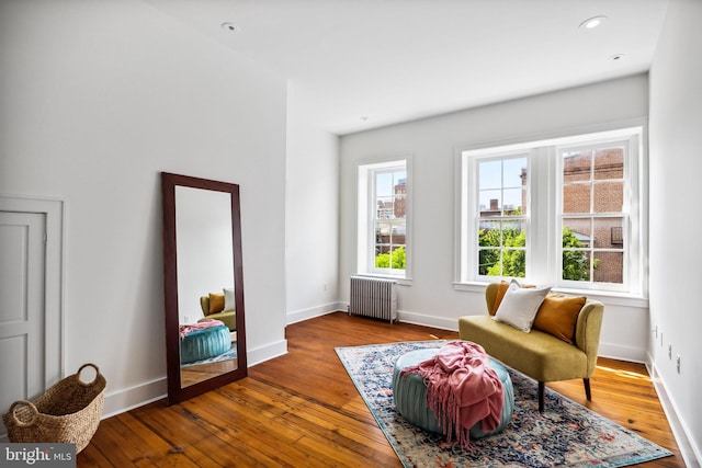 living area featuring hardwood / wood-style flooring and radiator