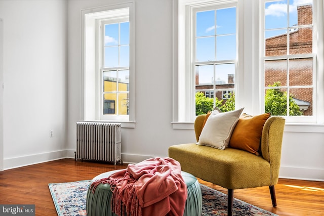 sitting room with dark hardwood / wood-style flooring, a healthy amount of sunlight, and radiator heating unit