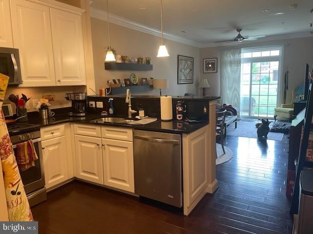 kitchen featuring white cabinetry, ornamental molding, dark wood-type flooring, and appliances with stainless steel finishes