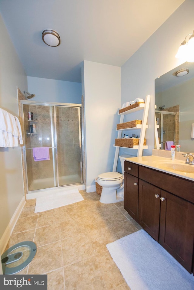 bathroom with tile patterned flooring, vanity, toilet, and a shower with door