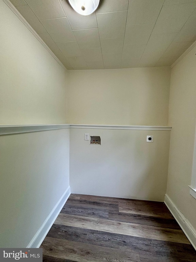 washroom with electric dryer hookup, dark hardwood / wood-style floors, ornamental molding, and hookup for a washing machine