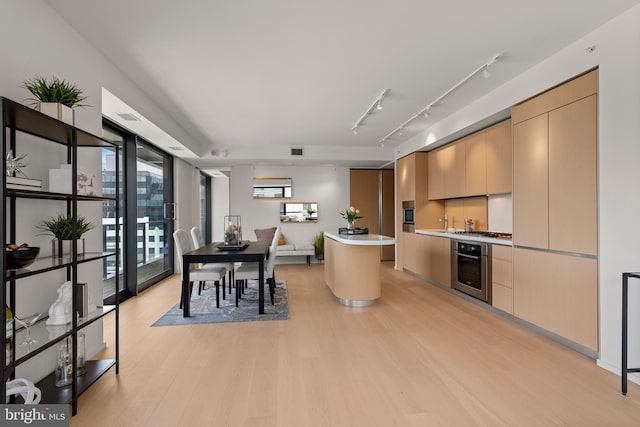 kitchen with rail lighting, appliances with stainless steel finishes, light hardwood / wood-style floors, a kitchen island, and light brown cabinets