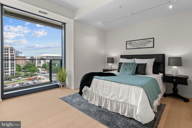 bedroom featuring wood-type flooring and track lighting