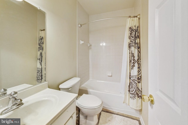 full bathroom with toilet, vanity, and shower / bathtub combination with curtain