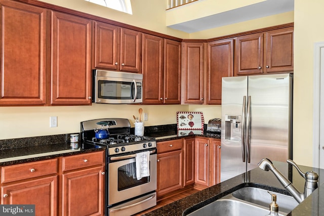 kitchen featuring sink, appliances with stainless steel finishes, dark stone countertops, and hardwood / wood-style flooring