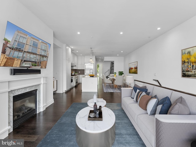 living room with a fireplace, dark hardwood / wood-style flooring, and sink