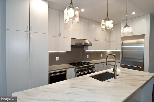 kitchen with backsplash, white cabinets, a sink, high quality appliances, and under cabinet range hood