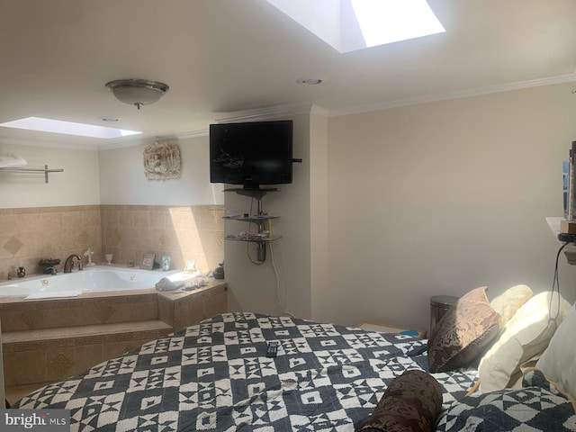 bathroom featuring ornamental molding and a skylight