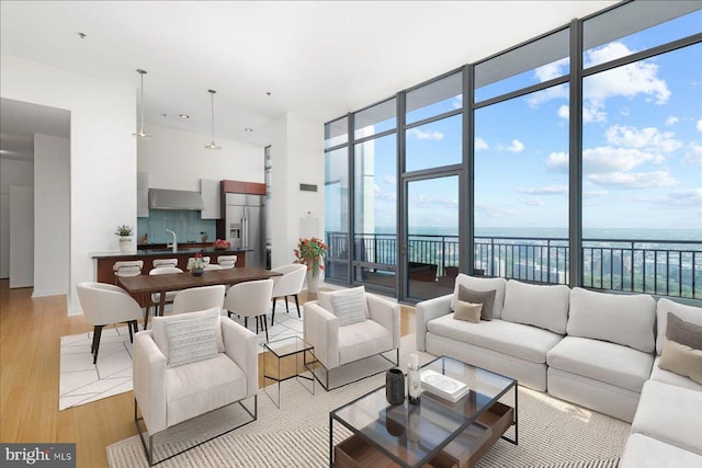 living room with a water view, plenty of natural light, sink, and light hardwood / wood-style floors