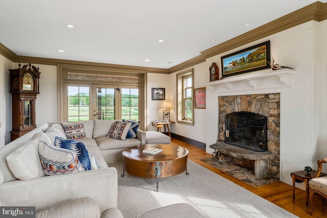 living room featuring hardwood / wood-style floors, ornamental molding, and a fireplace