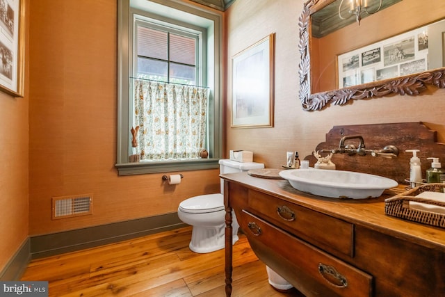 bathroom featuring wood-type flooring, vanity, and toilet