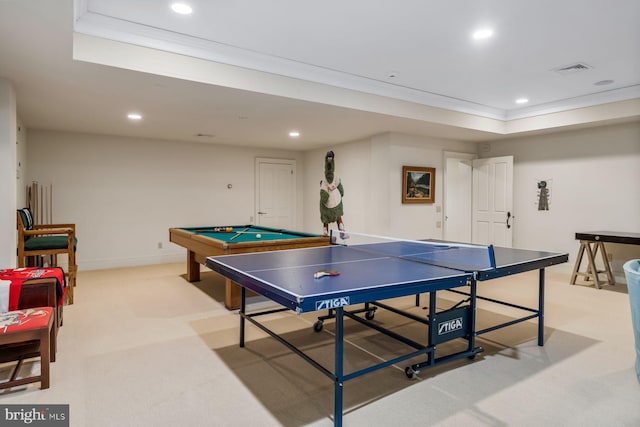 playroom with a raised ceiling, light carpet, crown molding, and pool table