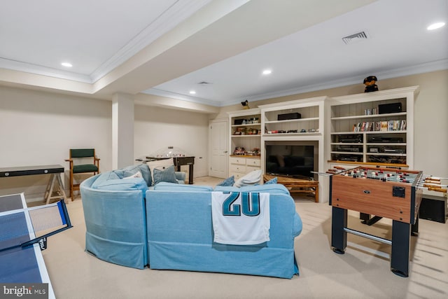 living room featuring light carpet and crown molding