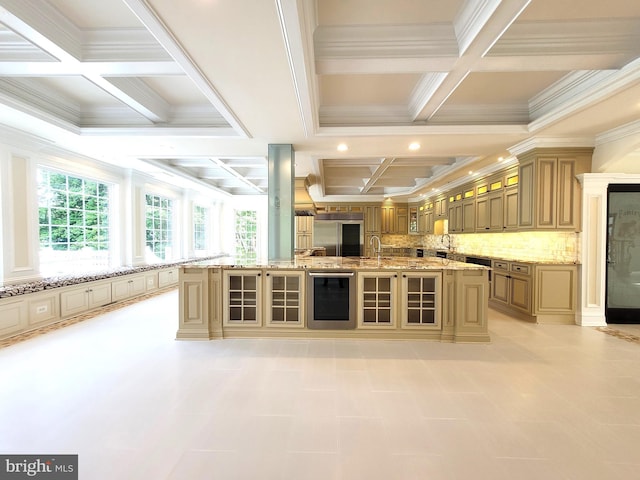 kitchen with backsplash, wine cooler, crown molding, and coffered ceiling