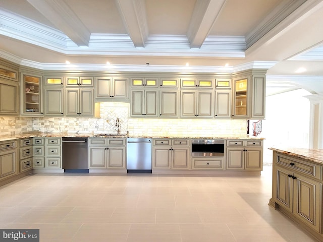 kitchen featuring dishwasher, backsplash, sink, crown molding, and beamed ceiling