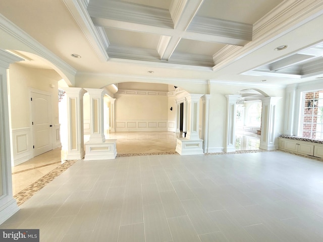 interior space featuring ornate columns, beamed ceiling, coffered ceiling, and ornamental molding