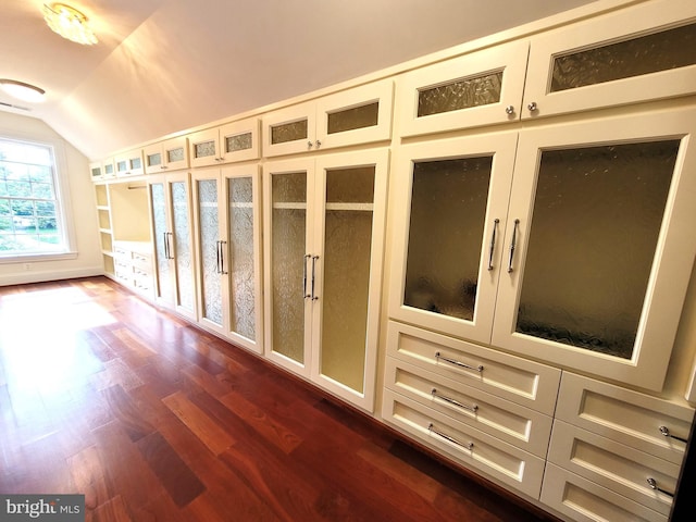 interior space with dark hardwood / wood-style floors and lofted ceiling