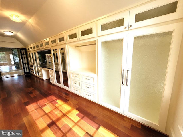 interior space featuring dark hardwood / wood-style floors and vaulted ceiling